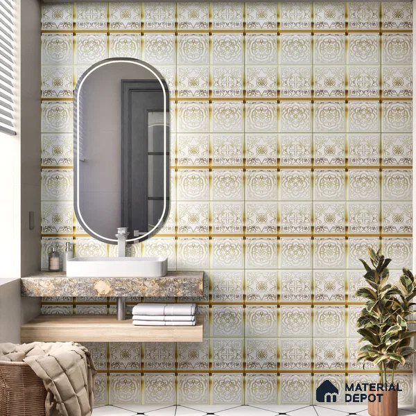 Metallic Wall Tile TL 07235 C Golden Ivory 1 ft x 1 ft Ceramic Matte Finish - 9 mm  | 2 mm Spacer is Mandatory | Suitable For Bathroom, Kitchen, Dining Area | Please Expect a Slight Variation of Pattern (Sample)